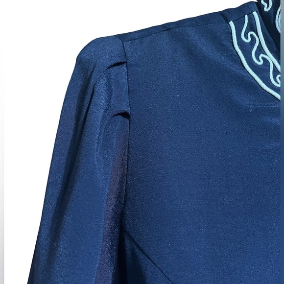 VTG Karin Stevens Navy Blue Mandarin Collar Jacket Dress w/ White Soutache Trim - Picture 5 of 16